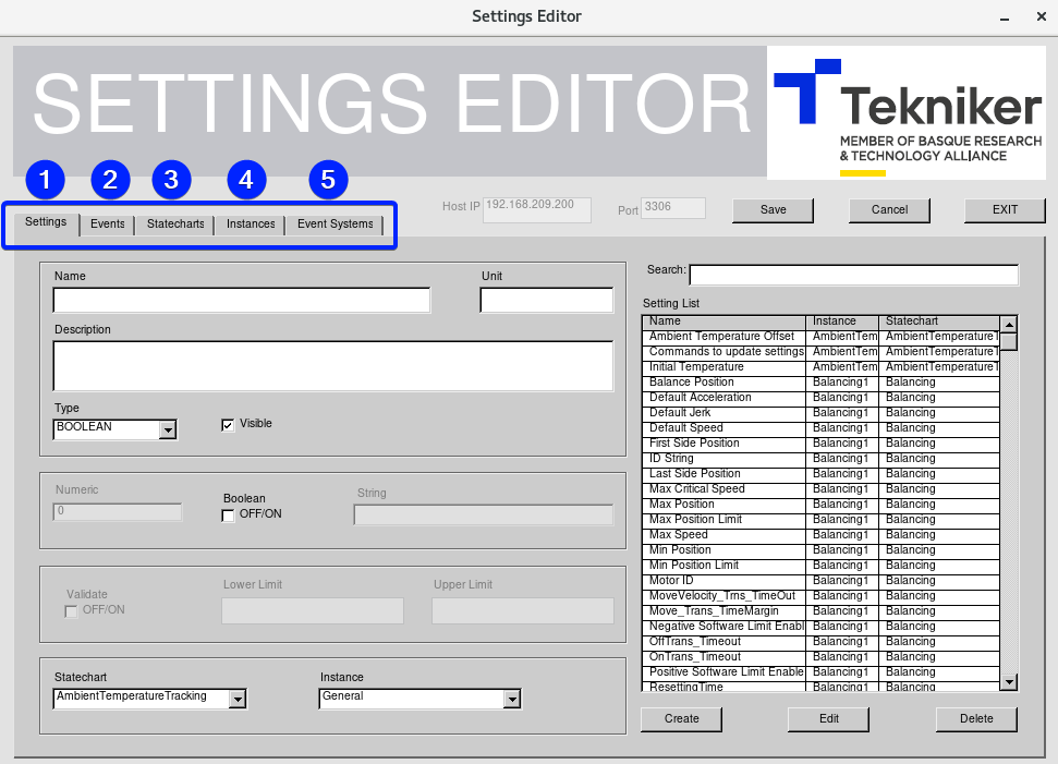 Database Editor Main window with tabs selected