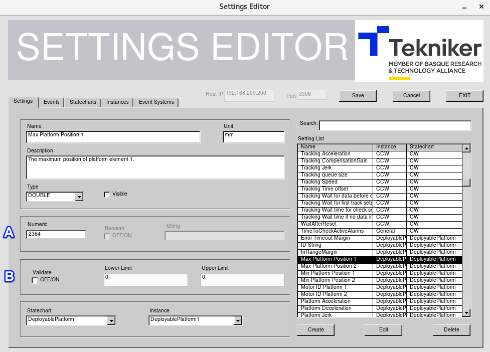 Database Editor Main window with A and B sections selected