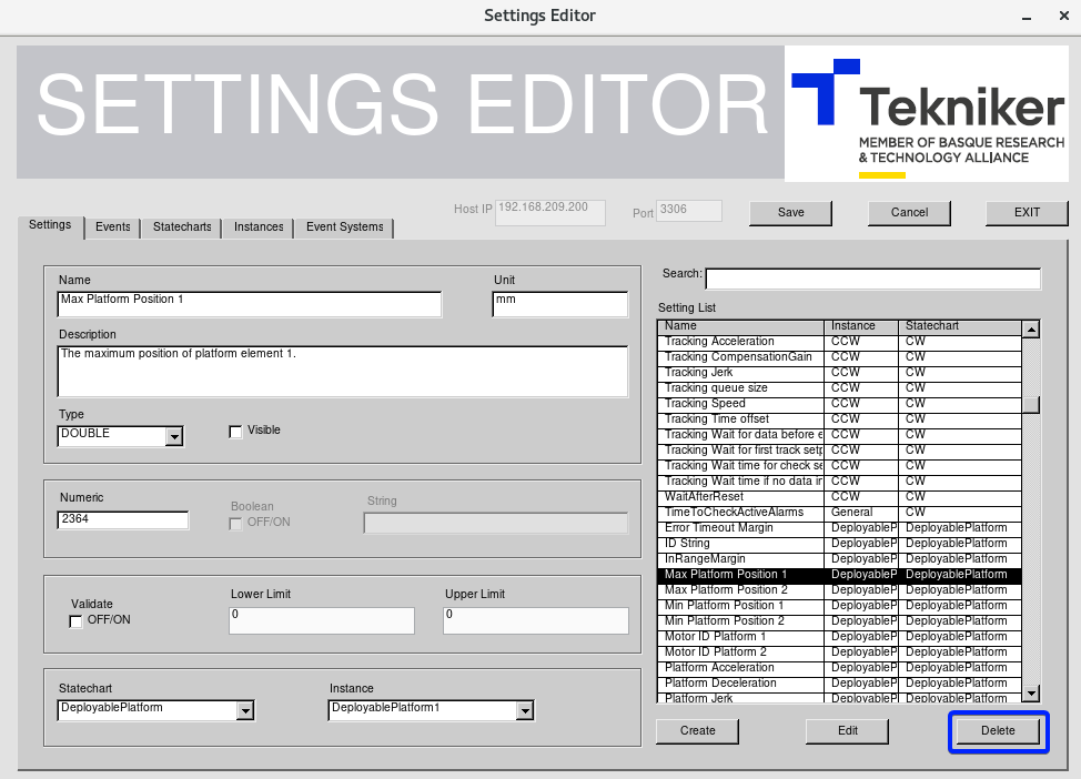 Delete setting selected