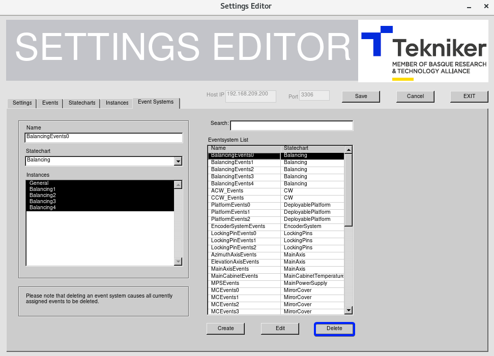 Delete event system selected