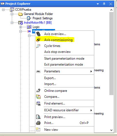 Axis commissioning in the context menu