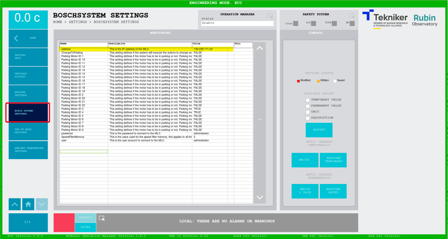 Bosch system settings