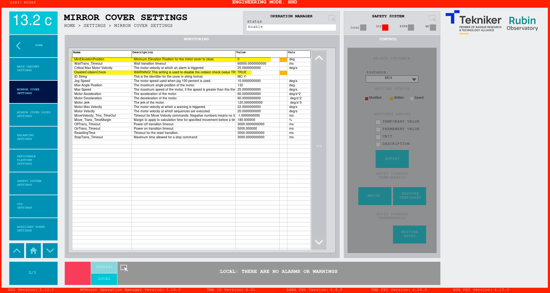 Settings window of the mirror cover with the values changed, showing instance 4