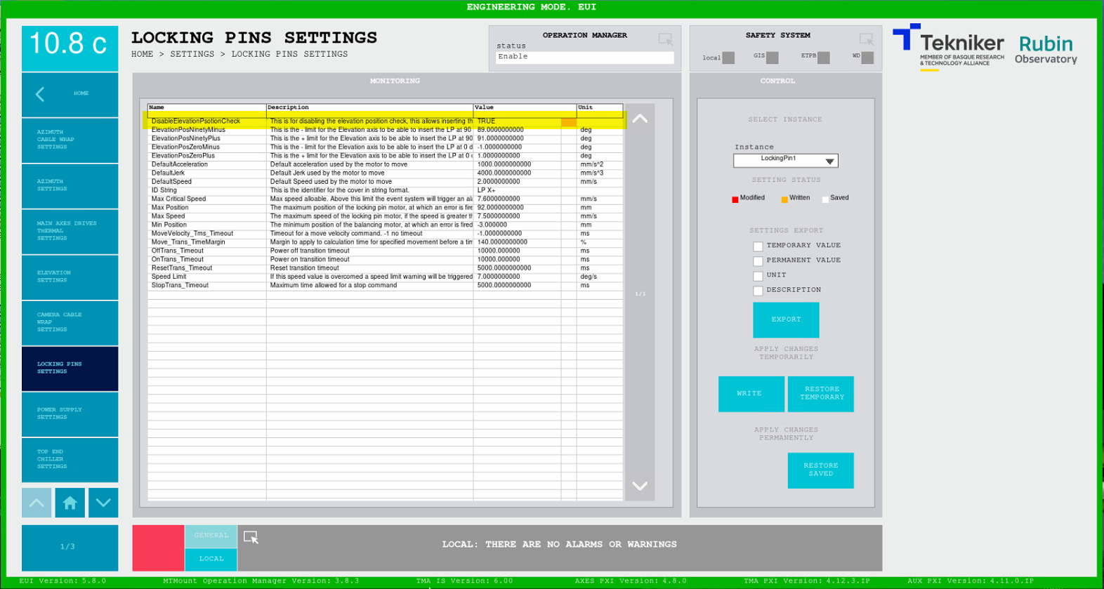 Locking pin settings