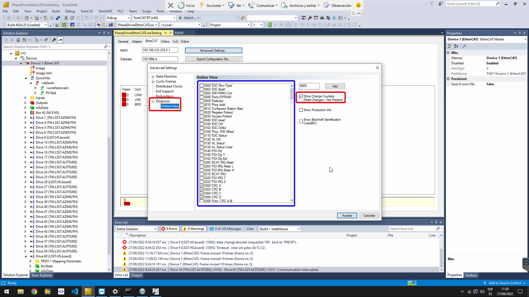 EtherCAT diagnosis configuration