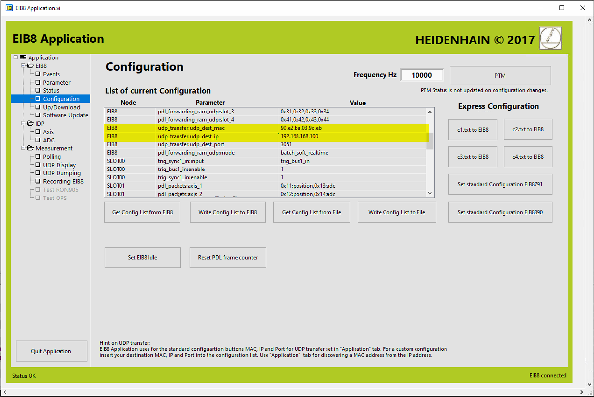 UDP host IP and MAC settings for the EIB