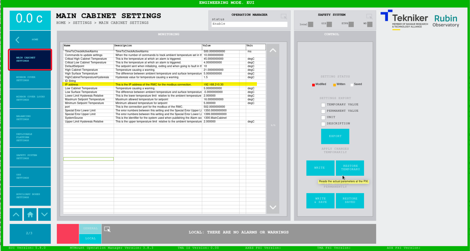 Main Cabinet temperature controller settings