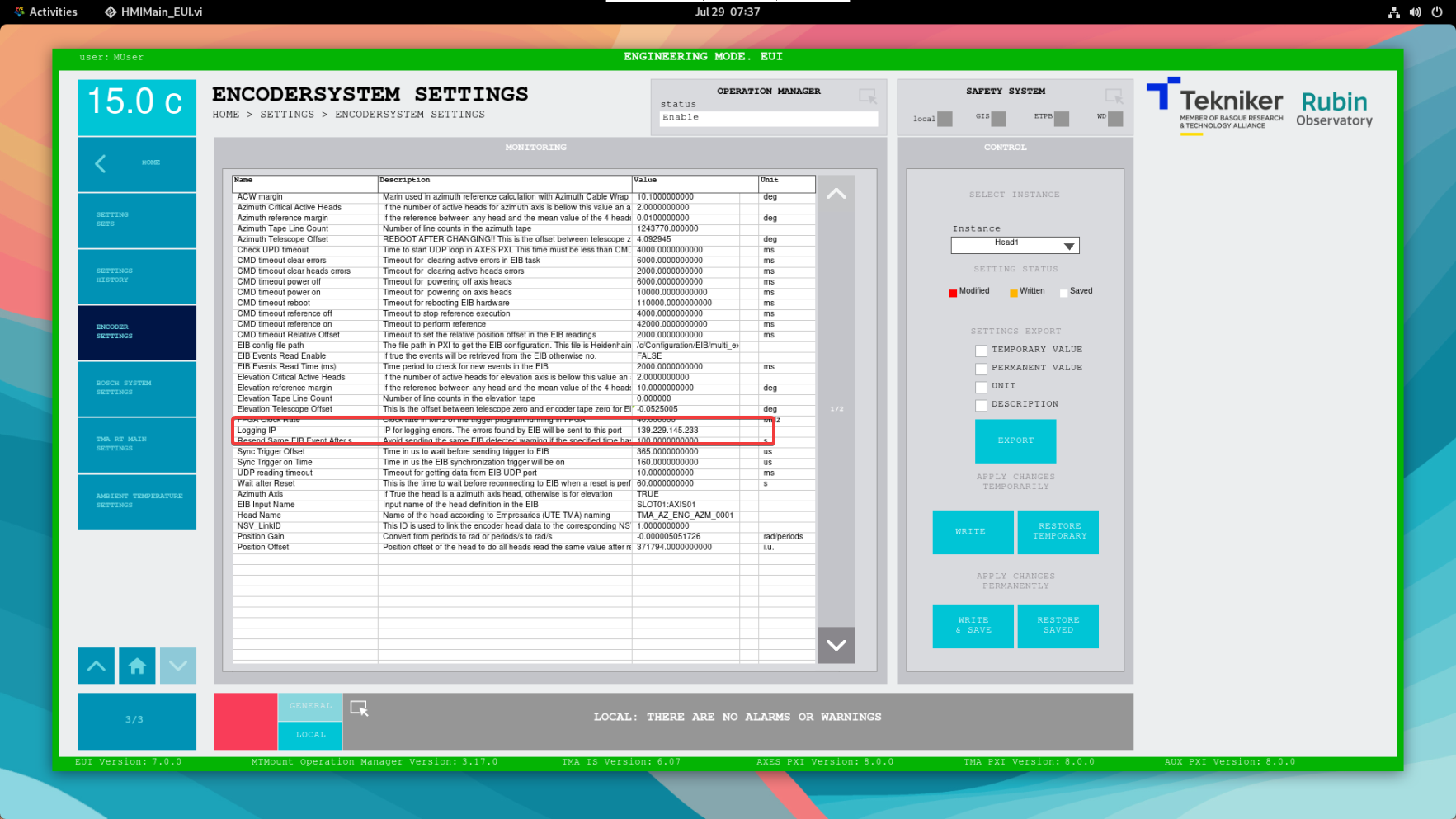 EIB settings logging ip