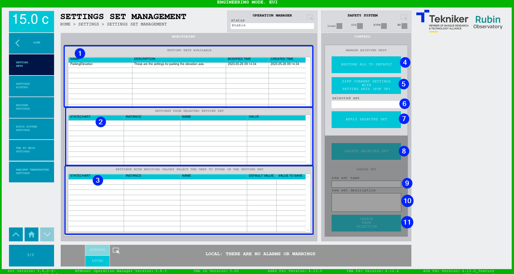 Settings set management screen